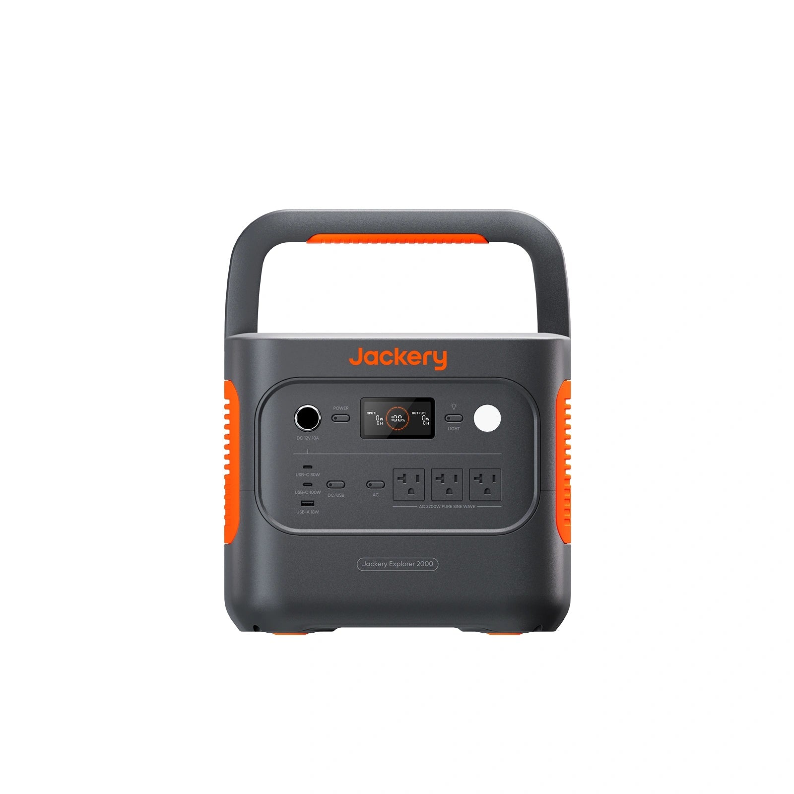Front view of the Jackery Explorer 2000 v2 with its carrying handle raised